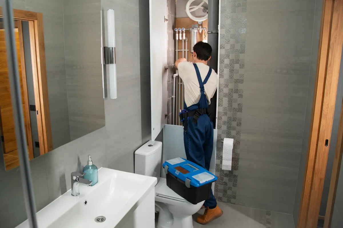 Tecnico che lavora sull’impianto idrico di un bagno